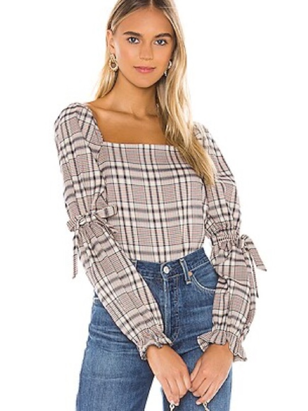 Line & Dot Plaid Square-Neck Long-Sleeve Top in Plaid